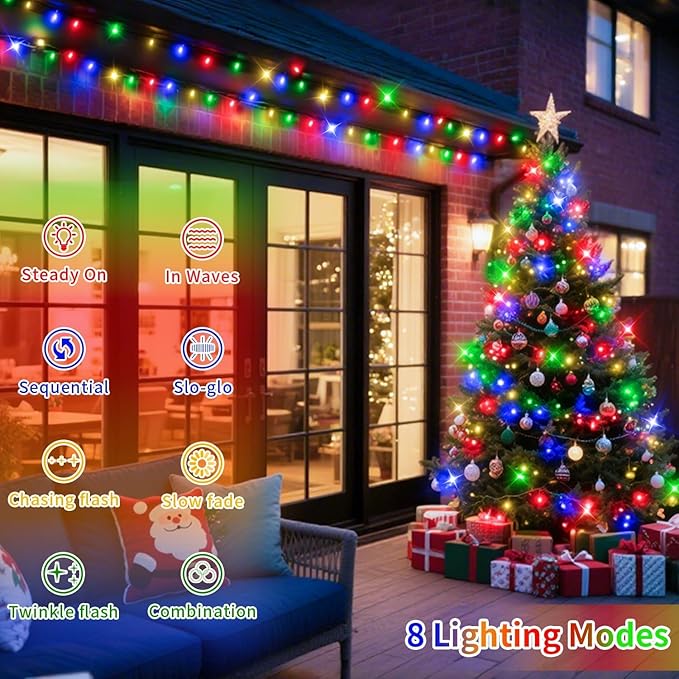 200 FT 500 LED Christmas Lights Outdoor Fairy Lights Plug In Extra Long String Lights Clear Wire Waterproof 8 Modes Timer for Outside House Tree Garden Yard Wedding Party Decorations-Multicolored
