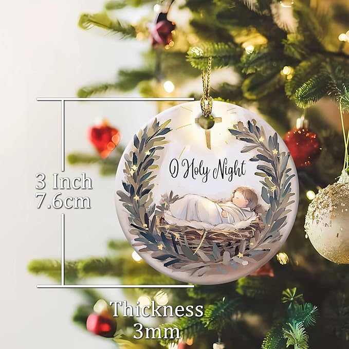 O Holy Night Ornaments Round Ceramic Silent Night Birth of Jesus Cross Christ Ornament Christmas Keepsake Decor for Christmas Tree Winter Holiday Xmas Gift for Women Men Xmas Hanging Ornament 3"