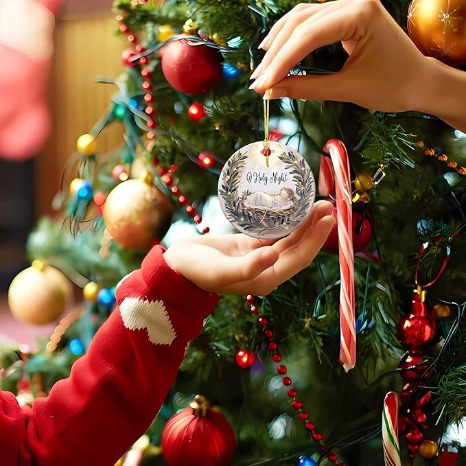 O Holy Night Ornaments Round Ceramic Silent Night Birth of Jesus Cross Christ Ornament Christmas Keepsake Decor for Christmas Tree Winter Holiday Xmas Gift for Women Men Xmas Hanging Ornament 3"