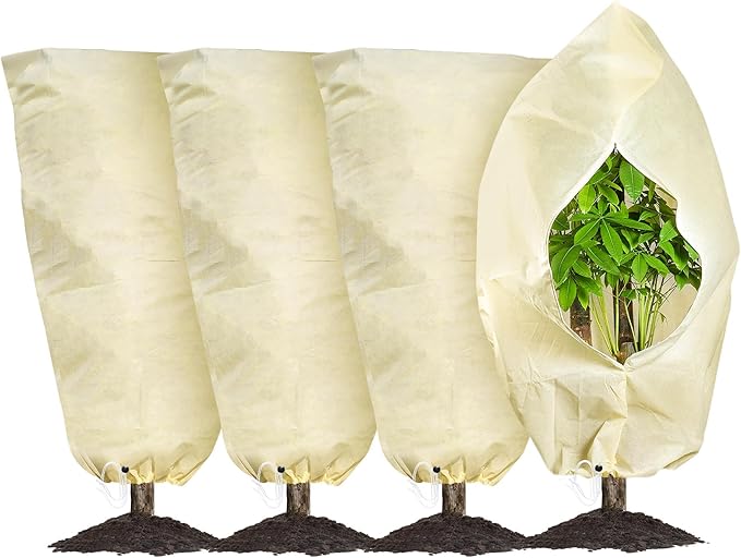 MIXC Plant Covers Freeze Protection, 31.4''×39.3'' Winter Cold Weather Frost Blankets Shrub Jacket with Drawstring Reusable Frost Protection Cloth for Outdoor Plants Fruit Tree Potted (4 Pack)