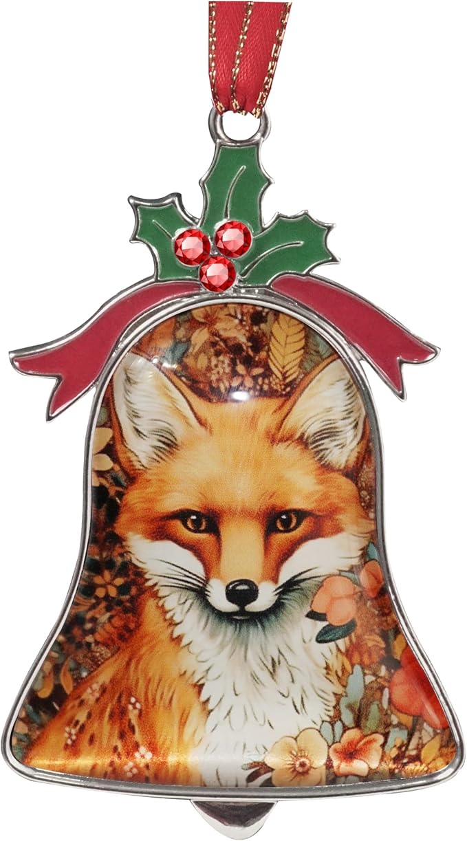Christmas Ornament Bell Pendant Decorative Metal Glass Hanging Christmas Bell Ornaments for Home Decoration Party Decor (Flower Cute Fox)