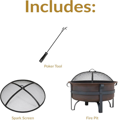 Sunnydaze 29-Inch Wood-Burning Outdoor Fire Pit - Bronze Cauldron Wood Fire Pit for Outside - Includes Poker and Spark Screen