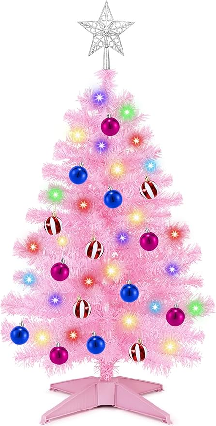 [ Timer & 12 Modes ] 3Ft Pink Christmas Tree with 50 Warm White&Color Lights 3D Star Battery Operated Christmas Day Decor Tree Indoor Home Tables Holiday Christmas Decorations
