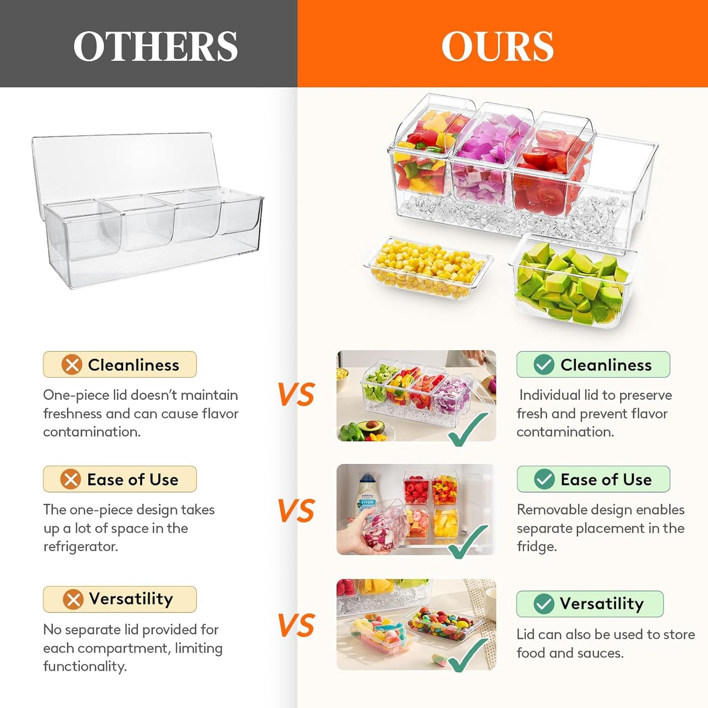 Lifewit 2 Pack Ice Chilled Condiment Caddy with 4 Containers(2.5 cup), Condiment Server with Separate Lids, Serving Tray Platter for Bar Accessories, Fruit, Salad, Taco, Party Garnish