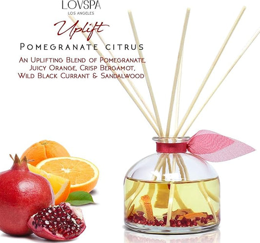 LOVSPA Reed Diffuser Set, Uplift Pomegranate Citrus Scented Oil Diffuser with Sticks, Home Fragrance Accessories for Bathroom Shelf Decor, Aroma Diffusers for Home or Office Desk, USA Made