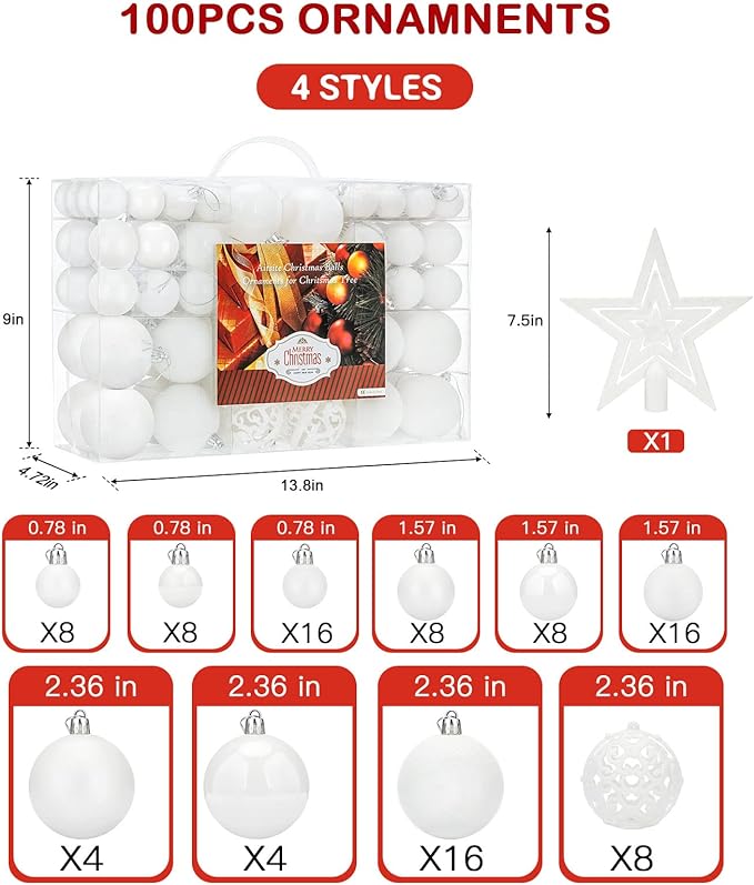Aitsite 100 Pack Christmas Tree Ornaments Set Mini Shatterproof Holiday Ornaments Balls for Christmas Decorations (White)