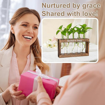 Rooted in Grace Plant Propagation Station – Wooden Stand with 5 Glass Vases, Faith-Inspired Christian Gift for Women, Indoor Plant Cutting Holder for Home, Office, Garden and Housewarming Décor