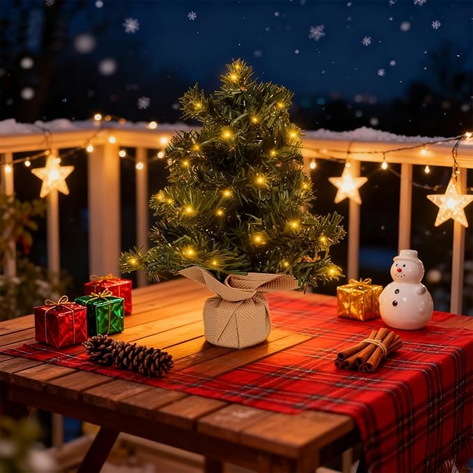 Tabletop Christmas Tree 11.81Inches Mini Artificial Christmas Tree with LED String Lights, Tabletop Small Xmas Tree for Holiday Indoor Christmas Decorations Green