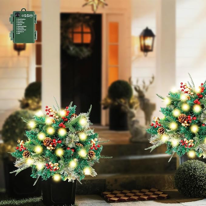 Artificial Christmas Urn Filler with LED Lights, 2026 Upgraded Pre-lit Christmas Tree Planter Filler, Holiday Greenery with Pinecones Berries, Pot Fillers Outdoor Front Porch Xmas Decor (16 in)