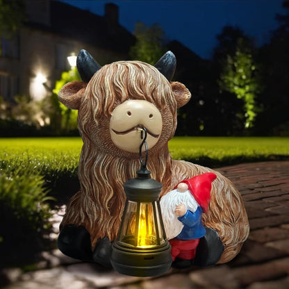 Highland Cow Gnome Solar Statues Decor - Garden Gnomes Statues Highland Cattle Mouth with Lights, Outdoor Ornaments Funny Decoration for Yard, Patio, Unique Gifts Birthday for Women, Mother Day