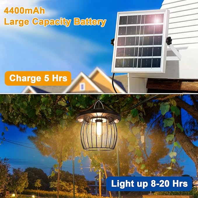 Solar Shed Lights with 2 Motion Sensors, Classic Metal Solar Chandelier Outdoor with 5 Lighting Modes, Waterproof Pendant Lamp with Remote Control for Gazebo, Garden, Patio, Barn(16.4FT Cord, 2 Pack)