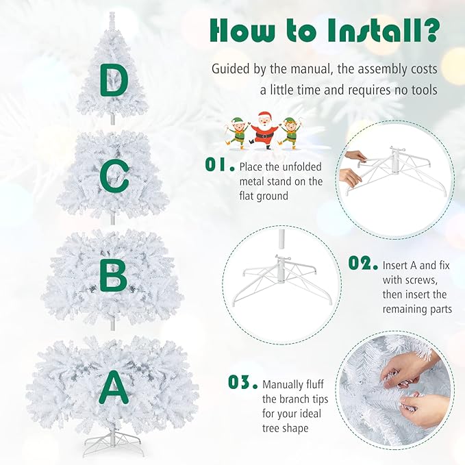 HAPPYGRILL 9 Feet White Artificial Christmas Tree with 2132 PVC Branch Tips Unlit Hinged Xmas Pine Tree with Sturdy Metal Base, Artificial Pine Tree for Indoor Outdoor Decor