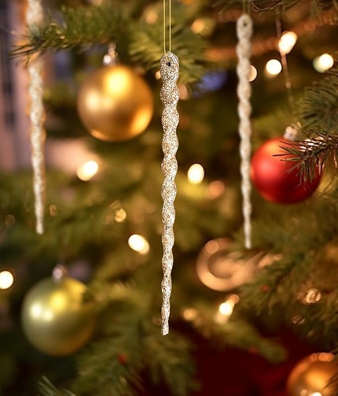 AMS Sparkling Glitter Plastic Icicle Ornaments 30 PCS Twisted Icicles Decoration Christmas Tree and Holiday Xmas Party Hanging (5.1'', Champagne)