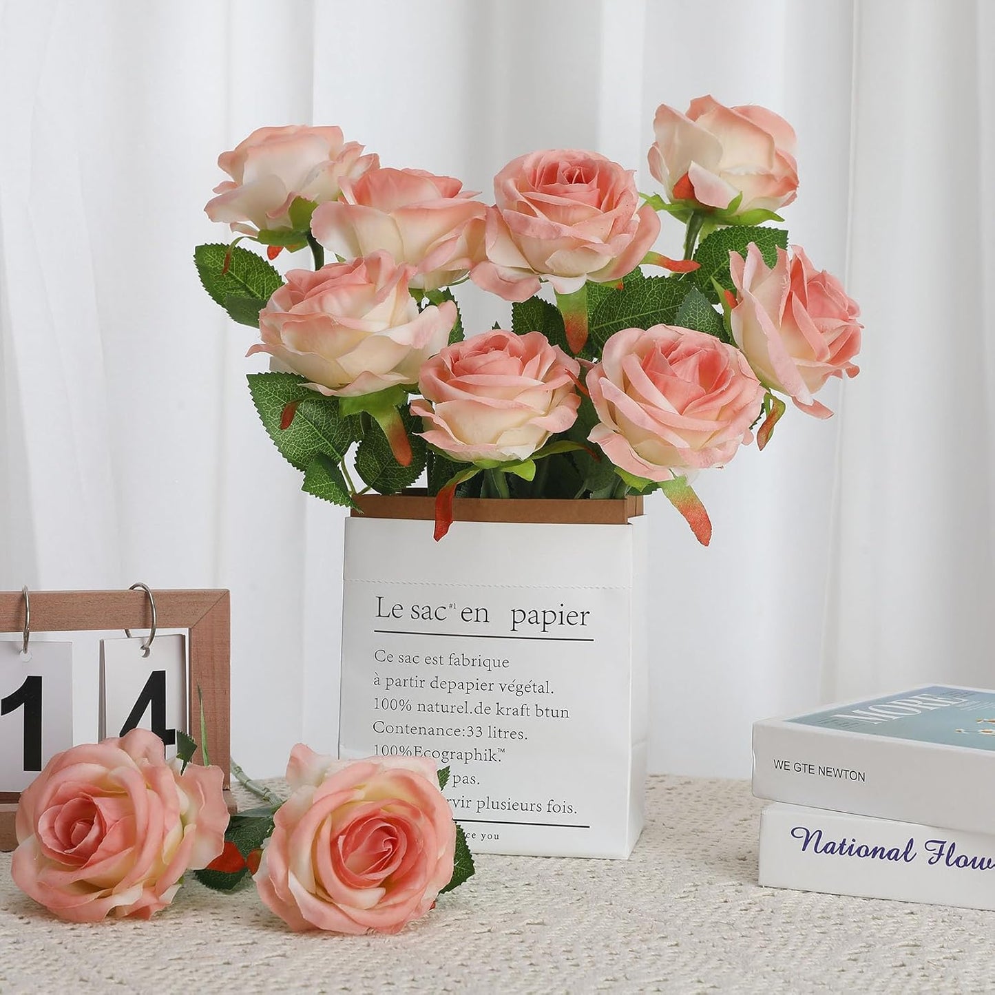 Pink Fake Roses Artificial Flowers - 10 Pcs Fake Artificial Roses Silk Flowers with Stems for Home Wedding Hotel Office Centerpiece Decor（Gradient Pink）