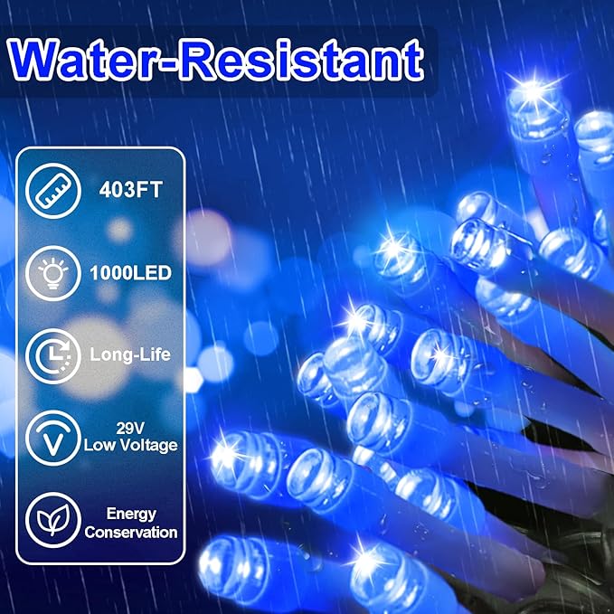 JXLEDAYY 403 FT 1000 LED Christmas Lights Outdoor Fairy Lights Plug in Extra Long String Lights Clear Wire Waterproof 8 Modes Timer for Outside House Tree Garden Yard Wedding Party Decorations-Blue