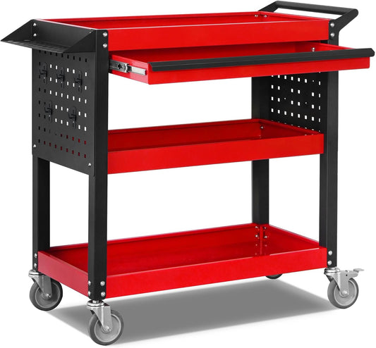 3 Tier Tool Cart on Wheels, Heavy Duty Metal Rolling with Drawers and Pegboards, 660 LBS Load Capacity Tool Storage Cart, Industrial Utility for Garage, Warehouse, Workshop