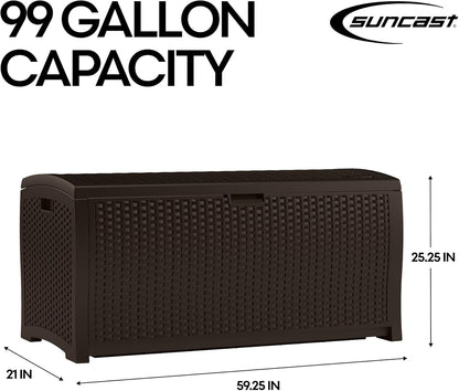 Suncast DBW9200 99 Gallon Outdoor Wicker Plastic Patio Storage Chest Bin with Handles for Patio, Garden, Garage, or Pool for All Weather, Mocha