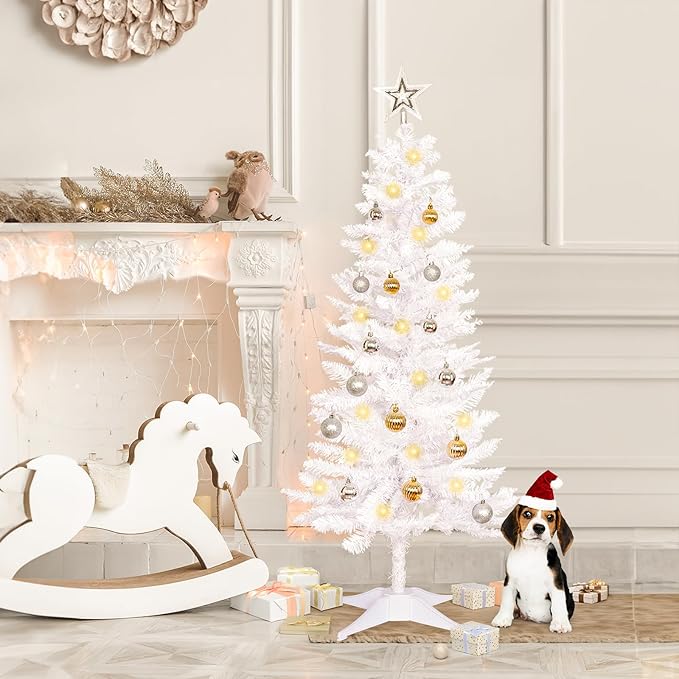 Sunshine White Christmas Tree with Light 4ft Artifical Full Christmas Tree with Ball & Star Ornaments 8 Lighting Modes for Holiday Decor