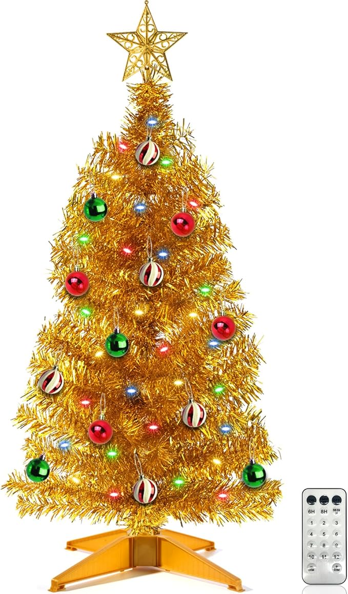 3 Ft Gold Christmas Tree with 12 Modes Timer 50 LED Four Color & Warm Lights DIY 15 Ball Ornaments 3D Star Artificial Xmas Tree Indoor Home Holiday Party Decoration