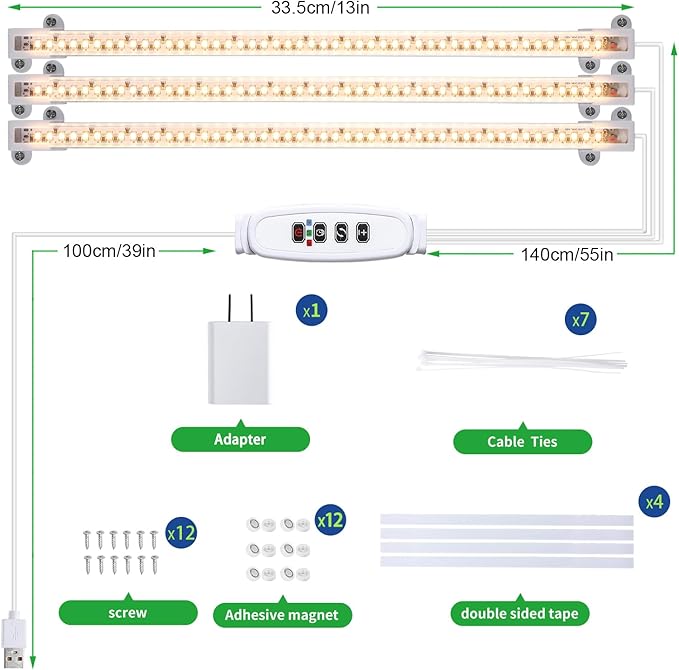 LED Grow Light Strips, Full Spectrum Plant Growing Lights for Indoor Plants 3500K, 144 LEDs Plant Lamp with 3/9/12H Timer, 10 Dimmable Levels, 3 Head 13 Inches
