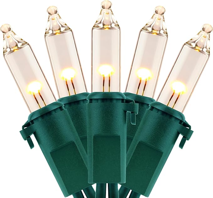 YULETIME 100 Count Clear Warm White Christmas Lights, 33 Feet Green Wire UL Certified Incandescent-Like LED Mini String Lights