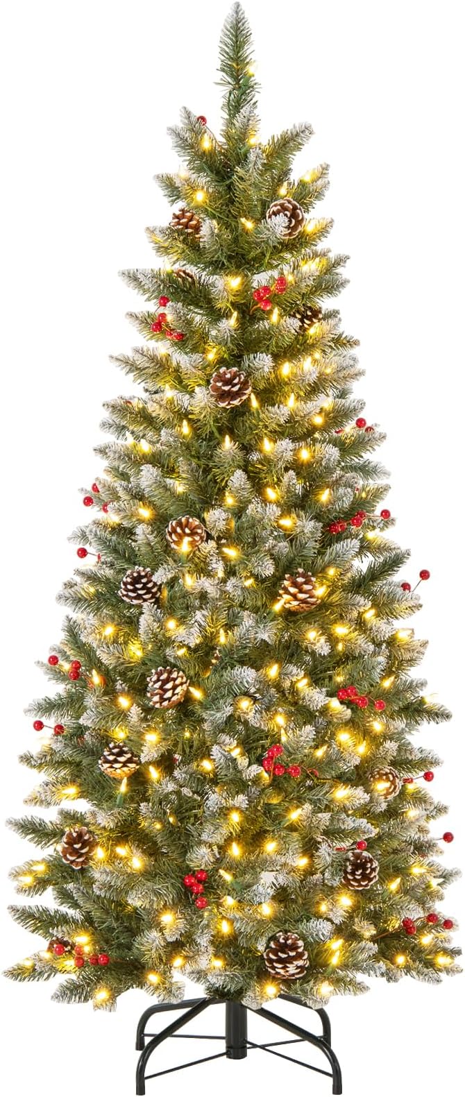GOFLAME 5FT Pre-Lit Pencil Christmas Tree, Artificial Xmas Tree with 408 Branch Tips, 24 Pine Cones, 23 Clusters of Red Berries & 250 Warm White LED Lights, Holiday Decoration Tree for Home Party