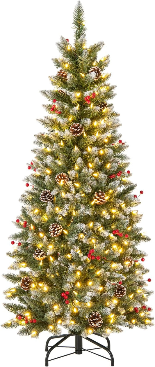 GOFLAME 5FT Pre-Lit Pencil Christmas Tree, Artificial Xmas Tree with 408 Branch Tips, 24 Pine Cones, 23 Clusters of Red Berries & 250 Warm White LED Lights, Holiday Decoration Tree for Home Party