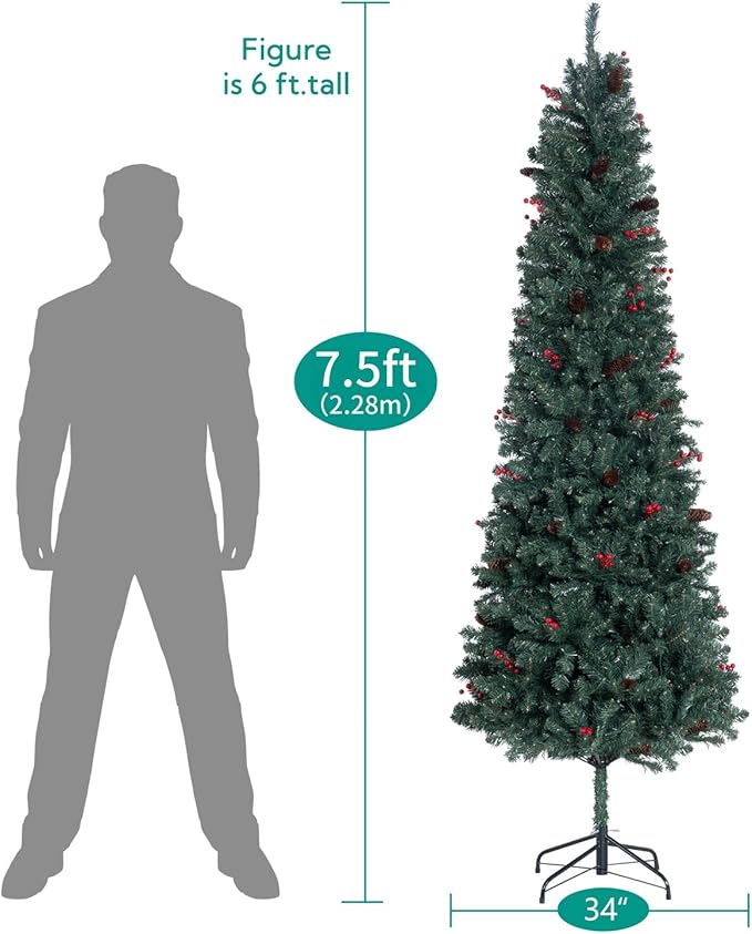 Naomi Home 7.5ft Pencil Christmas Tree with Lights, Realistic Pre-Decorated Slim Christmas Tree Prelit with 1099 Branch Tips, 350 Warm Lights and Metal Stand, Aritificial Xmas Tree