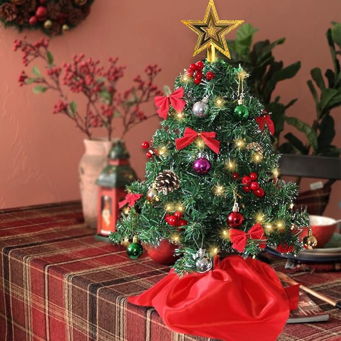 Juegoal 24 Inch Mini Christmas Tree Set, Table Top Artificial Christmas Trees with 50 LED Lights, Ornaments and Red Berries, Best DIY Christmas Decorations