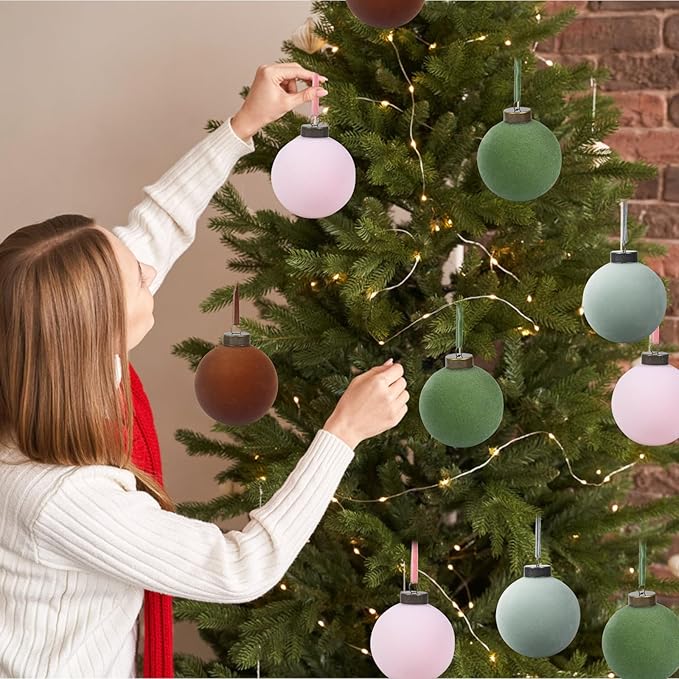 24 Pcs Velvet Christmas Balls Bulk Shatterproof Plastic Christmas Tree Decorations for Decorative Hanging Baubles (24, Green、Brown、Pink、Haze Blue, 2.36Inch)