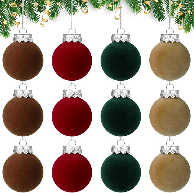 YUJUN 12 PCS Christmas Large Velvet Balls Ornaments 2.36In Shatterproof Red Green Tree Hanging Plastic Ball Set Xmas Bulk Flocked Ornaments for Christmas Tree Home Party Wreath Decorations