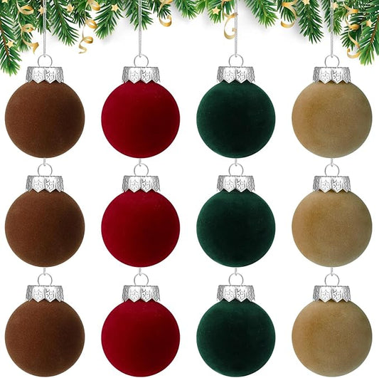 YUJUN 12 PCS Christmas Large Velvet Balls Ornaments 2.36In Shatterproof Red Green Tree Hanging Plastic Ball Set Xmas Bulk Flocked Ornaments for Christmas Tree Home Party Wreath Decorations