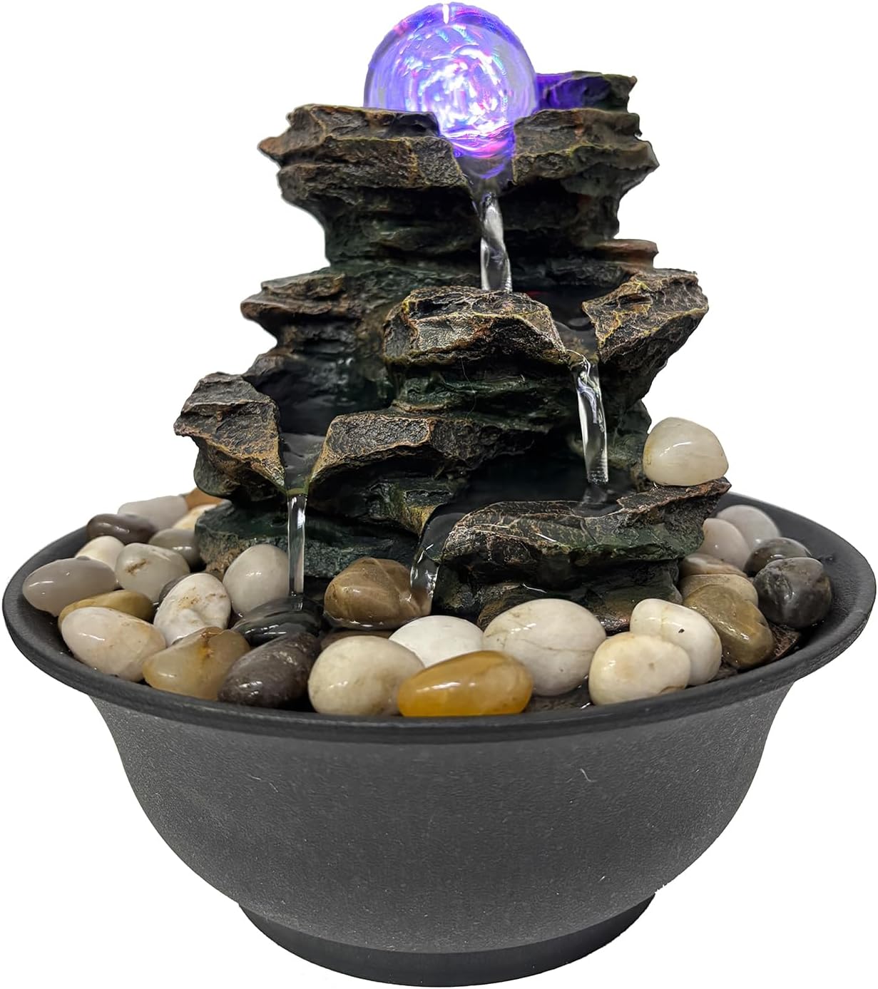 Rock Cascading Tabletop Fountain with Spinning Ball, Zen Meditation Indoor Waterfall Feature with LED Light for Home Office Bedroom