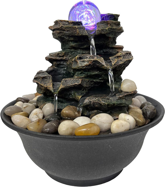 Rock Cascading Tabletop Fountain with Spinning Ball, Zen Meditation Indoor Waterfall Feature with LED Light for Home Office Bedroom