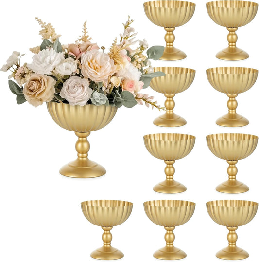 Sziqiqi Urn Vase for Wedding Centrepiece: 7.9in Gold Compote Bowl Vase Table Decorations - Floral Arrangement Pots Set of 10 - Metal Decorative Vases for Party Reception Dinner Table