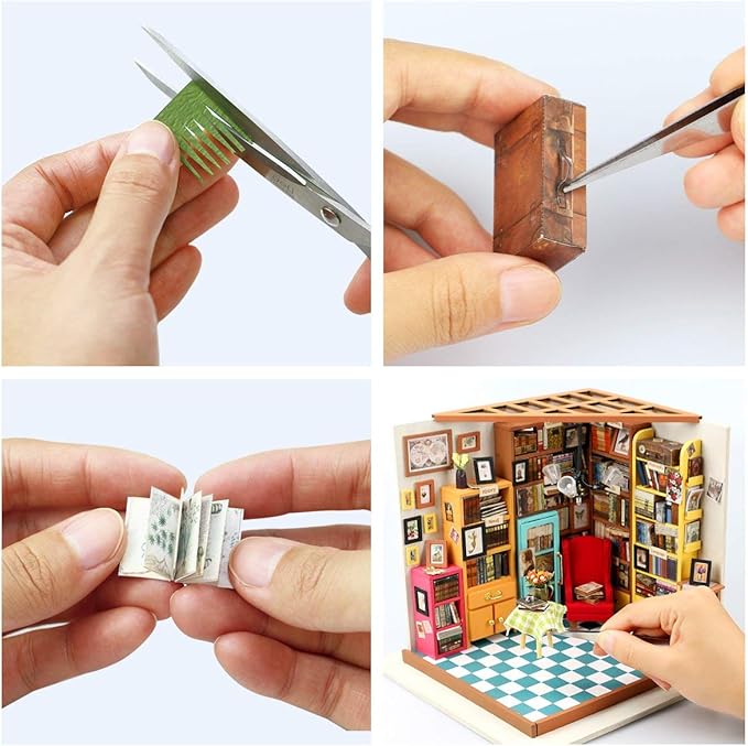 ROBOTIME DIY Miniature House Kit Miniature Dollhouse Kit Tiny House Kit for Adults Library House Kits Best Birthday Gifts for Teens(Sam's Study)