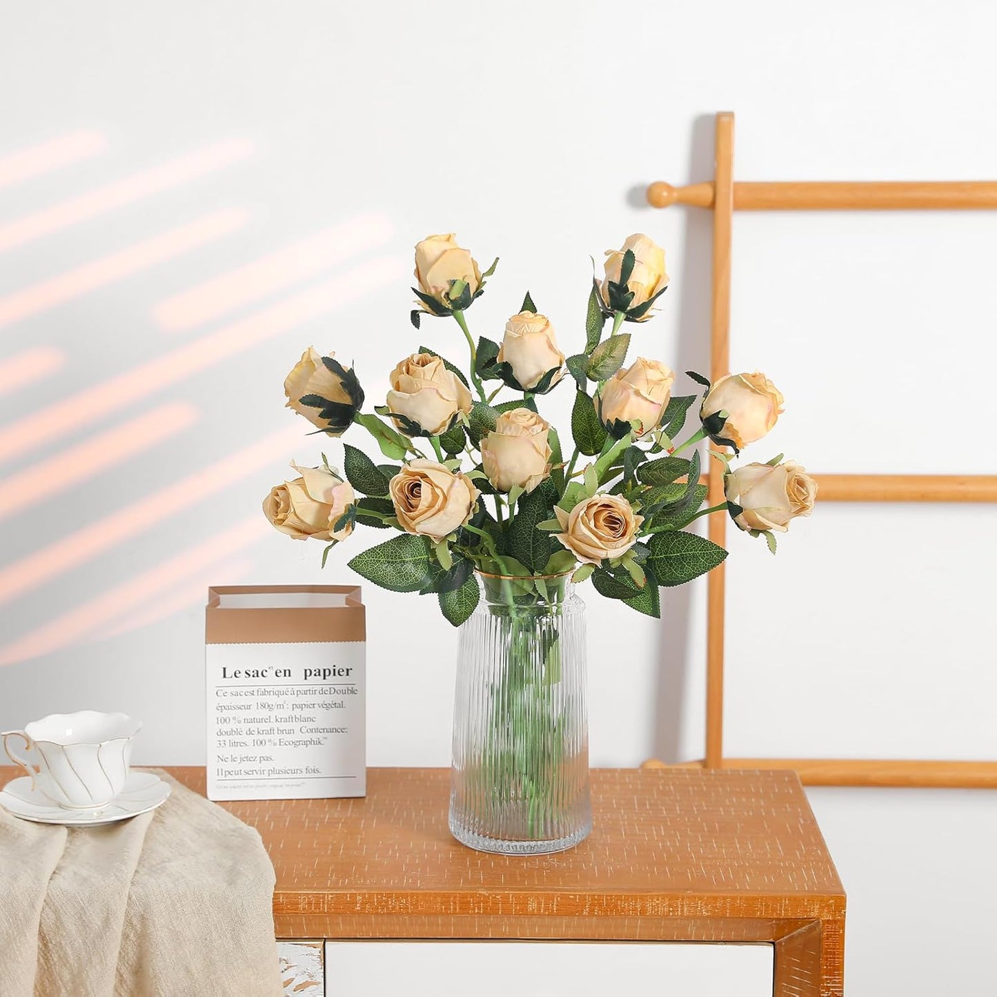 12Pcs Realistic Fake Champagne Roses Faux Flowers with Long Stems, Artificial Silk Rose Flowers for Valentines Day Home Wedding Decor Bridal Bouquet