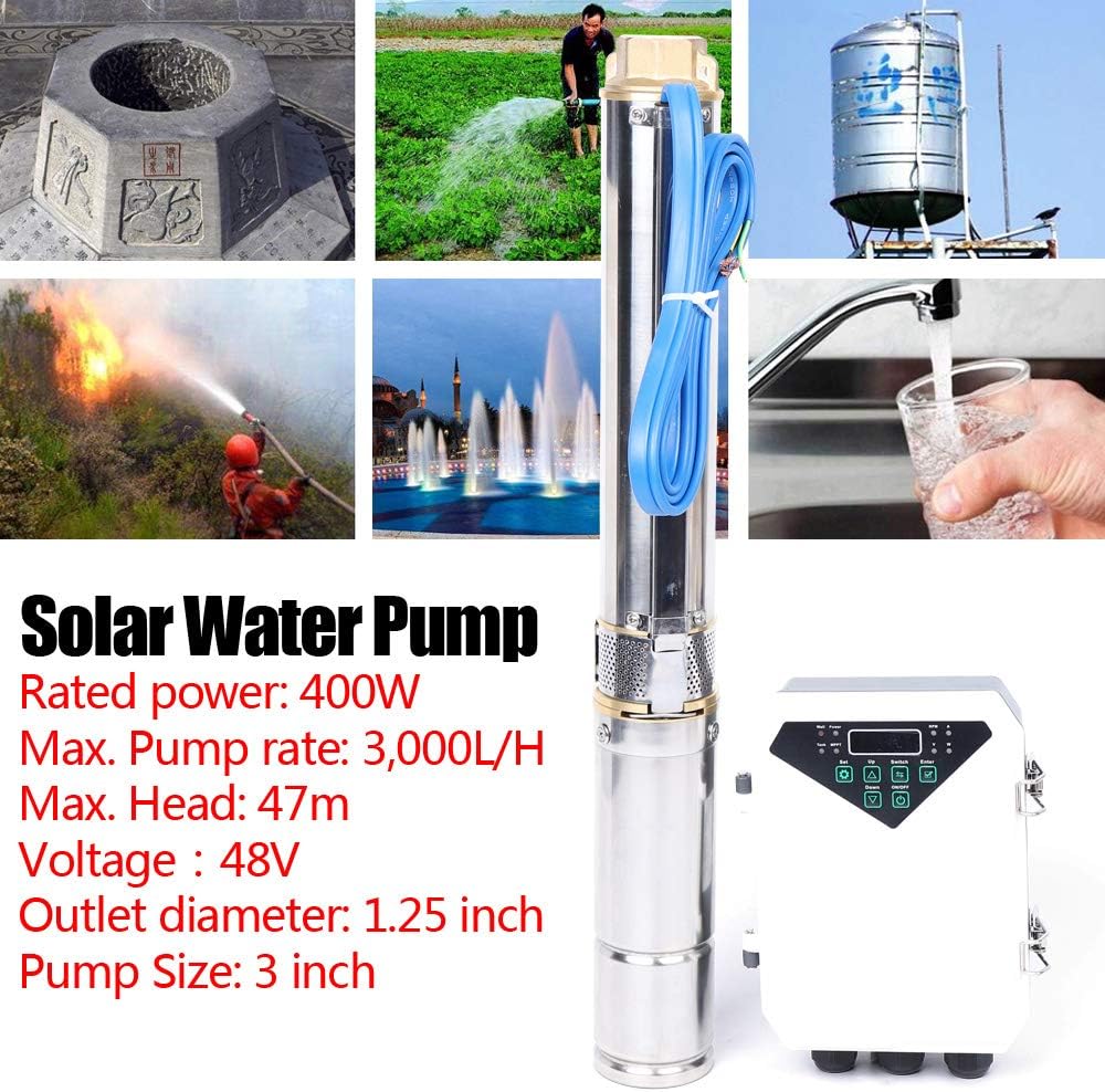 Deep Well Submersible Pump, 400W DC 48V Solar Water Pump 3Inch Stainless Steel Submersible Well Pump, Maximum Head 154.2ft for Farm Ranch Irrigation