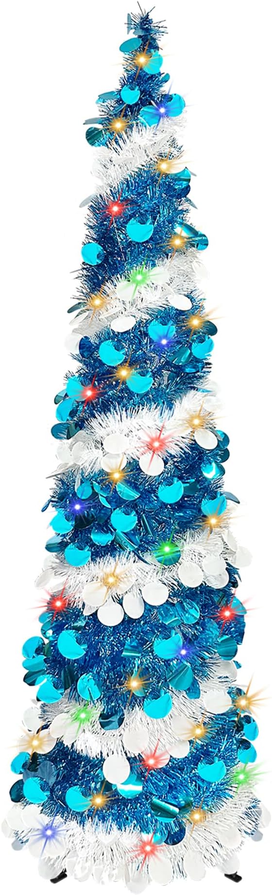 Pop Up Christmas Tree, 5FT Collapsible Artificial Blue Christmas Trees with 90 LED Lights, Tinsel Small Pencil Christmas Tree for Home Holiday Fireplace Party Indoor Outdoor Xmas Decorations