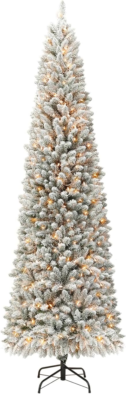Pencil Prelit Christmas Tree 6ft - Skinny Flocked Artificial Christmas Tree with 210 Warm White Lights, 648 Snowy PVC Branch Tips, Slim Holiday Tree Decoration for Xmas - White