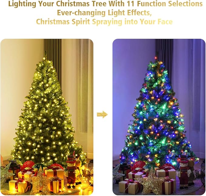 COSTWAY 5 FT Pre-lit Christmas Tree, Artificial Xmas Tree with 150 Warm White & Multicolored Lights, 11 Modes, 600 Branch Tips, Metal Support, Holiday Decoration Fake Tree for Home, Office, Party