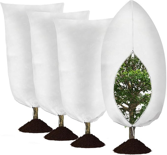 4 Pack Plant Covers Freeze Protection, 31.5" W x 47.3" H Winter Frost Protection Blankets Frost Cloth Plant Freeze Protection with Zipper Drawstring for Outdoor Plants (White)