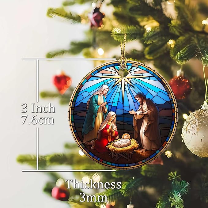 Nativity Night Ornaments Round Ceramic Stained Glass Style Birth of Jesus Christ Hanging Ornament Christmas Keepsake Decor for Xmas Tree Winter Holiday Xmas Gift for Women Men 3"