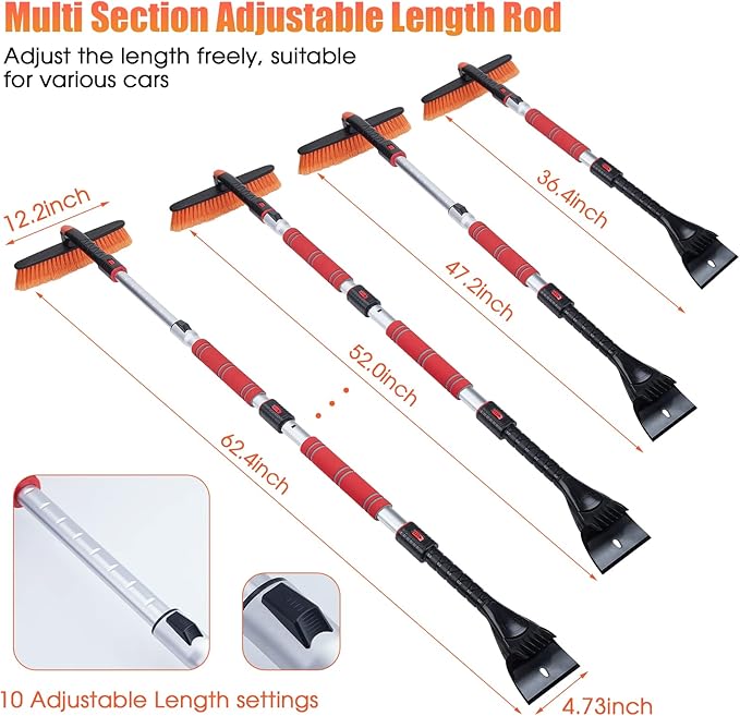 FOVAL 62.4" Snow Brush - Ice Scrapers for Car Windshield, 360°Pivoting Brush Head, Comfortable Foam Grip, Extendable Snow Removal Car Brush for Trucks SUVs, Essential Winter Tool