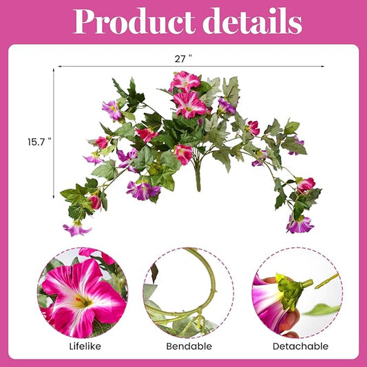 Artificial Morning Glory Fake Flowers for Outdoor Planter Decoration, 2 Pcs Petunias Realistic UV Resistant Faux Silk Flowers for Garden Balcony Porch Indoor Decor (Fuchsia)