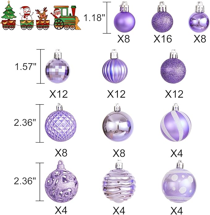 100PCS Christmas Ball Ornaments, Assorted Shatterproof Christmas Tree Decorations, Seasonal Decorative Hanging Baubles Decor Set for Xmas/Holiday/Party, Glitter&Painting Ornament Set (Lavender Purple)