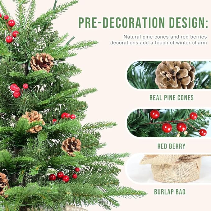 Kadunmina 2ft Pre-lit Table Top Christmas Tree, Small Artificial Xmas Tree with 50 LED Lights/177 PE&PVC Tips/Berries&Pinecones, 24 Inch Mini Tree with Burlap Base for Holiday Indoor Decor, 8 Modes
