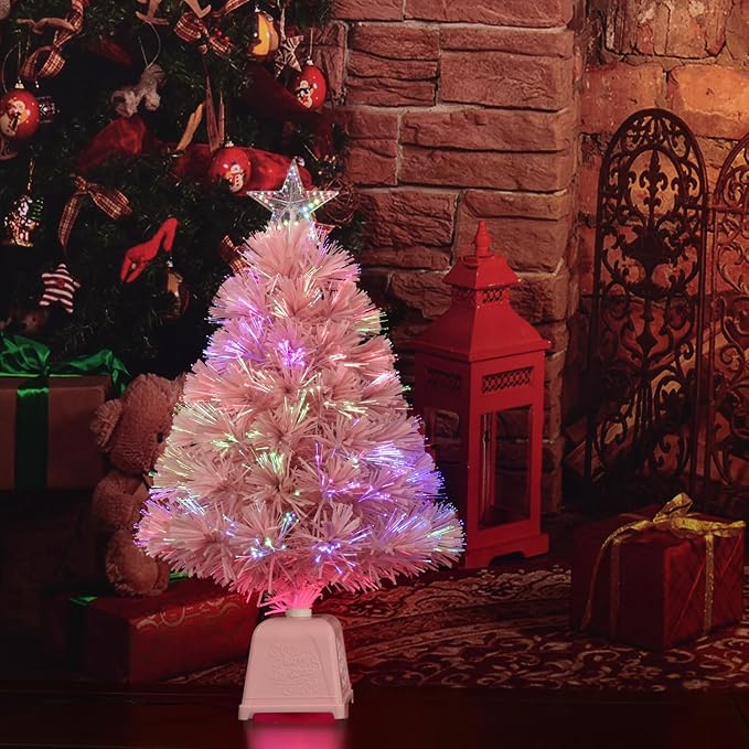 24inch Pink Fiber Optic Christmas Tree,Pre-Lit Artificial Mini Christmas Tree, Tabletop Small Xmas Tree with Stars Holiday Home Decorations