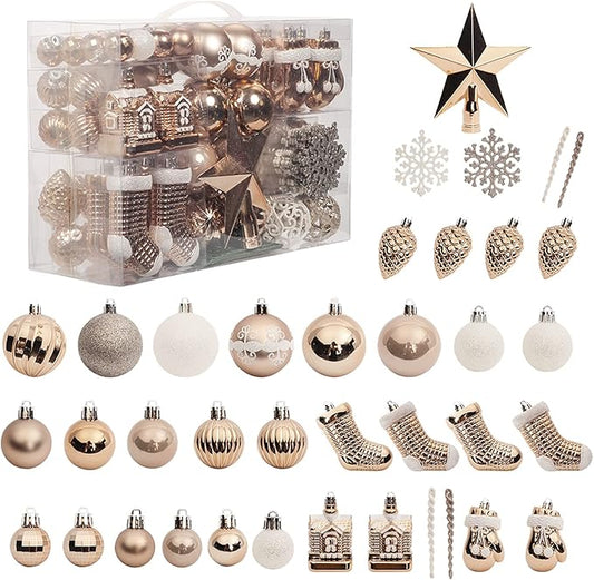 ROSELEAF 132-pc White with Blue Accents Traditional Christmas Tree Ornament Set - Shatterproof Plastic Hanging Ornaments for Christmas, Anniversary, Wedding