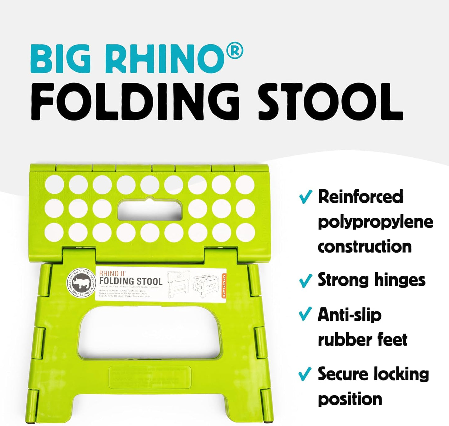 Kikkerland Rhino Foldable Step Stool – Holds Adults up to 300 Lbs, Best for Kitchen & Bathroom – Collapsible, Portable, Lightweight Stepping Stool with Sturdy, Non-Slip Design – Green, 8”